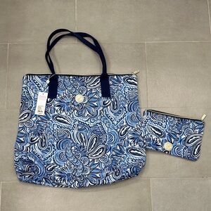 Lilly Pulitzer Piper Packable Tote Blue Paisley Tote Bag with Pouch